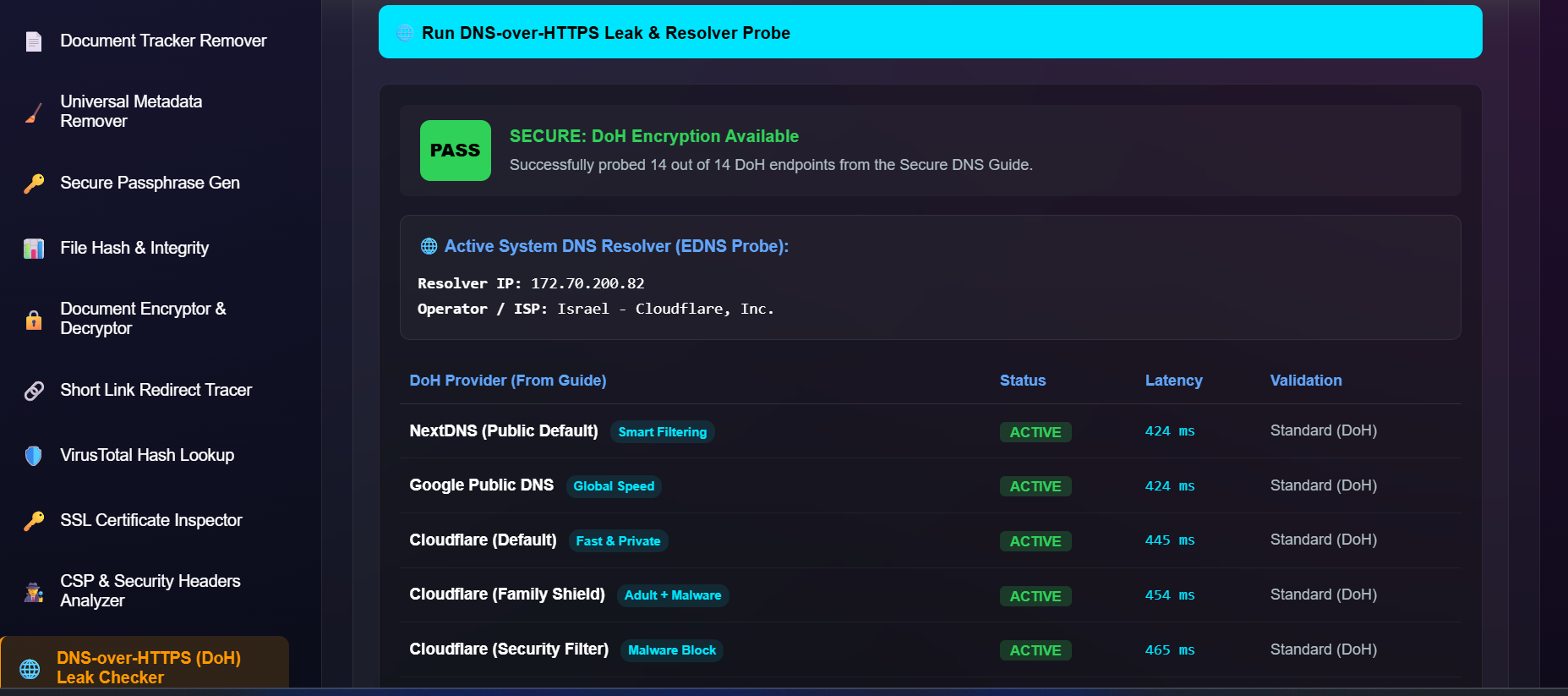 OPSECHub DoH leak and resolver checker