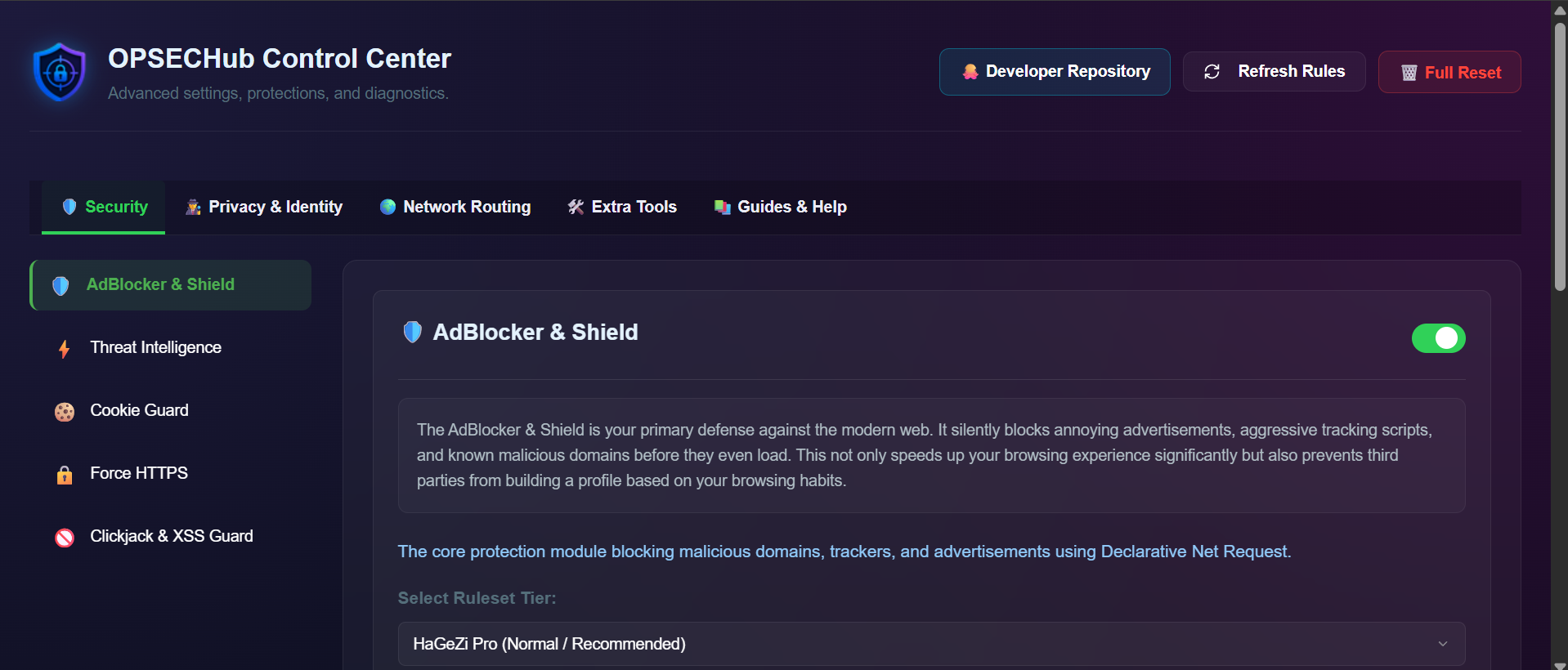 OPSECHub adblocker and security settings