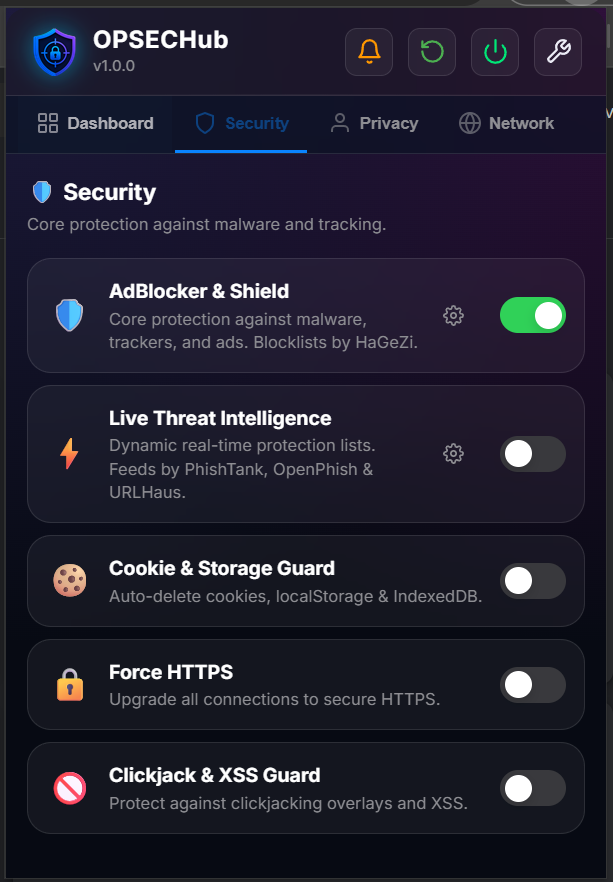 OPSECHub popup interface