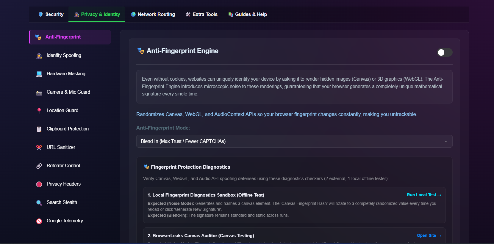 OPSECHub privacy and identity settings
